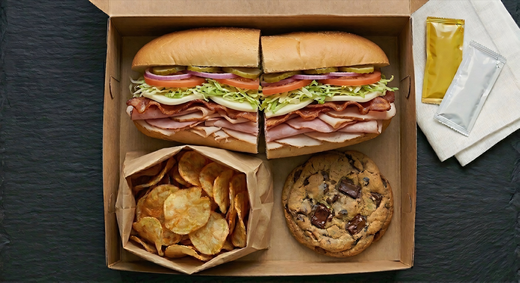 The Factory Club — turkey, ham, bacon, lettuce, tomato on a sub roll
